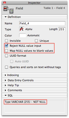 4D field properties for SQL-created field with NOT NULL constraint