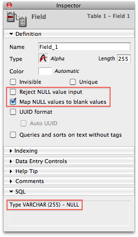 4D field creation dialog showing Map NULL values option
